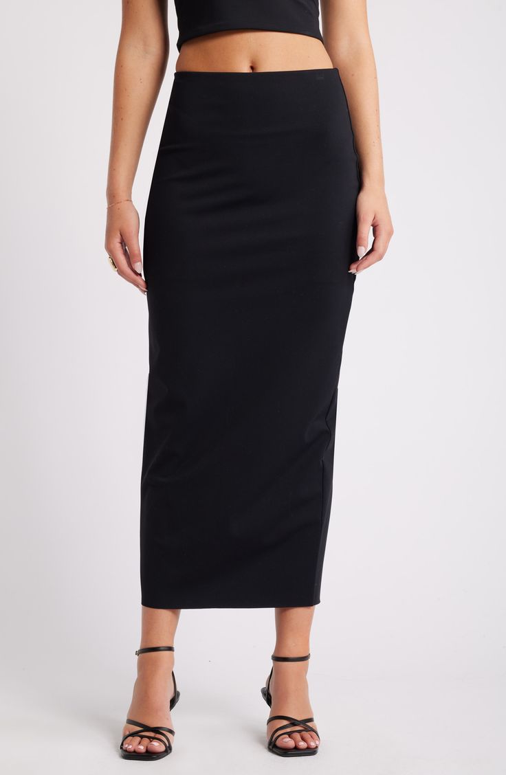 A smooth maxi skirt crafted from the brand's softest fabric contours to your silhouette for a look that easily transitions from the office to evening. 37" length (size Medium) Partially lined Concealed-elastic waist 75% nylon, 25% spandex Machine wash, tumble dry Imported Sleek Relaxed Maxi Skirt, Sleek Long Lined Pencil Skirt, Sleek Relaxed Fit Maxi Skirt For Night Out, Stretch Full Length Pencil Skirt For Work, Flowy Midi-length Pencil Skirt, Evening Midi Skirt In Elastane, Sleek Black Full-length Skirt, Sleek Full Length Black Skirt, Sleek Full-length Black Skirt