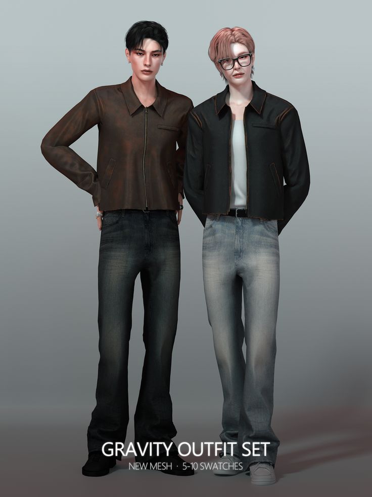 two young men standing next to each other in front of a gray background with the caption gravity outfit set