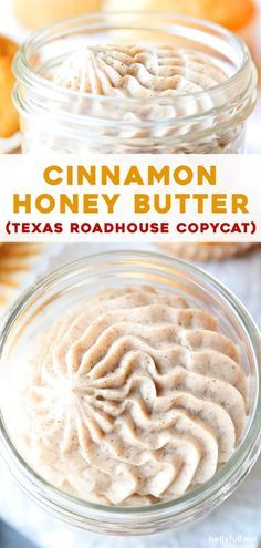 cinnamon honey butter in glass jars with text overlay that reads, cinnamon honey butter texas roadhouse copycat