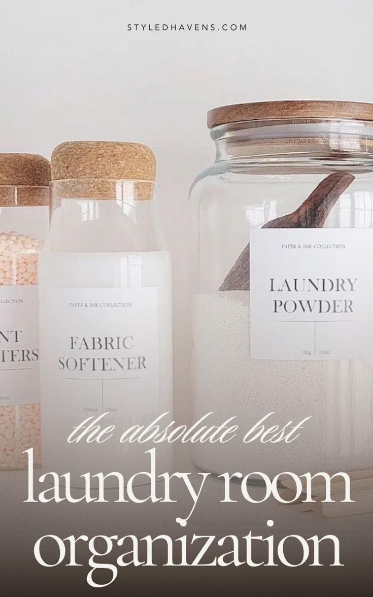 there are three jars with labels on them and the words laundry room organization written in white