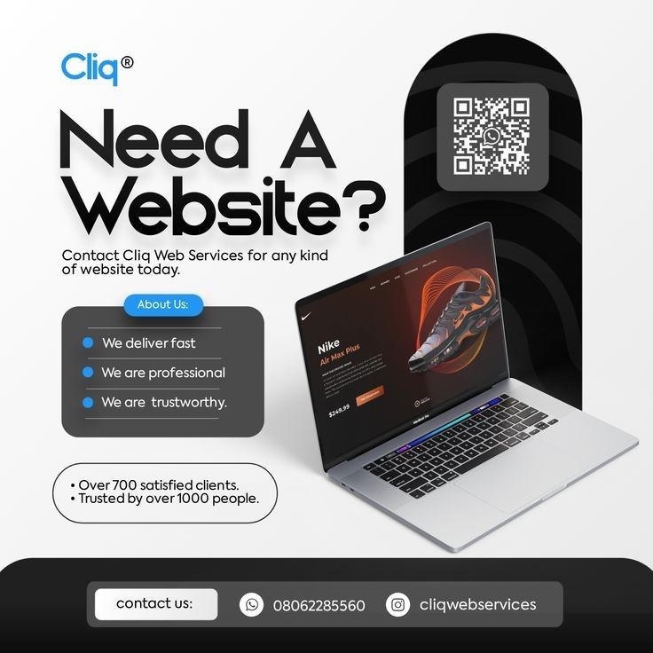 an advertisement for a website with a laptop and qr code