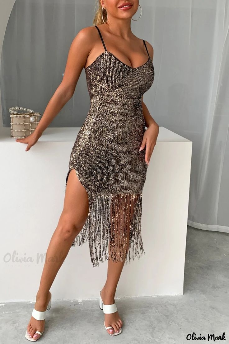 Olivia Mark - Stylish Womens Sleeveless Dress with Black and Gold Sequined Patchwork, Backless Design, and Spaghetti Straps Tassels Dress, Sequin Outfits, Jumpsuits Outfit, Sequin Dress Short, Bodycon Floral Dress, Clothes Tops, Backless Mini Dress, High Waist Fashion, Fringe Dress