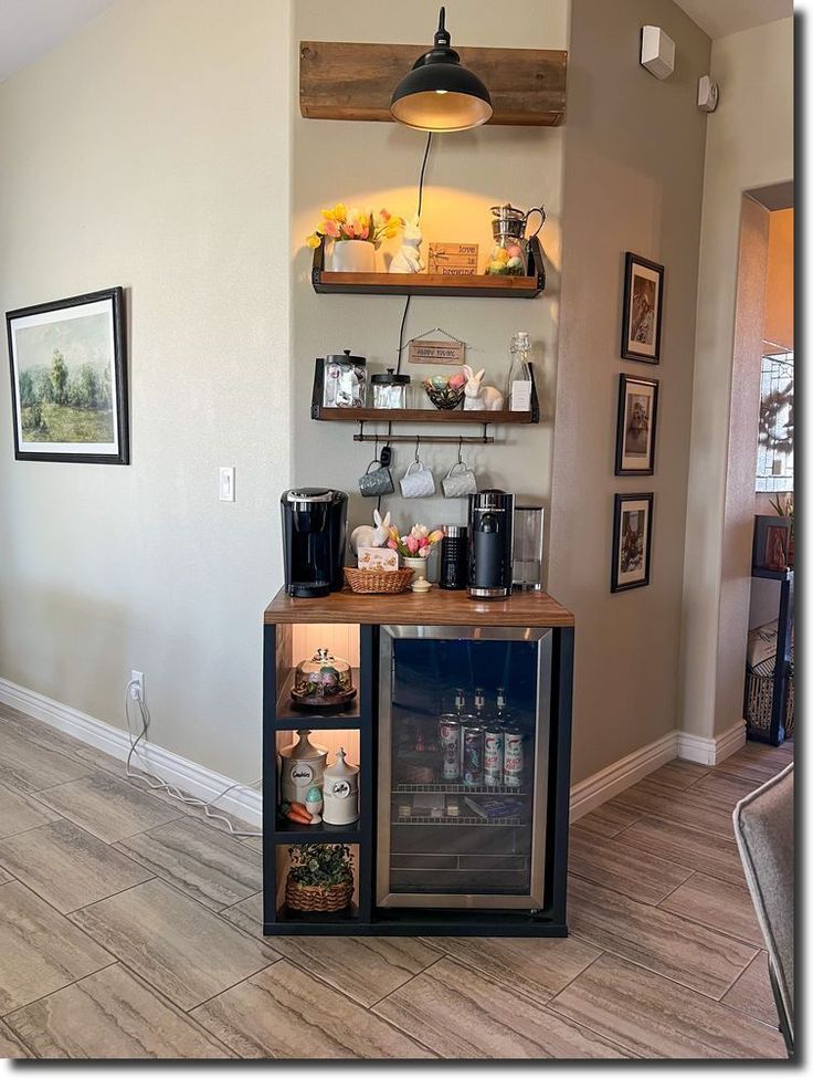 a coffee bar with shelves on the wall