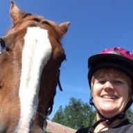 a woman standing next to a brown horse with a white stripe on it's face