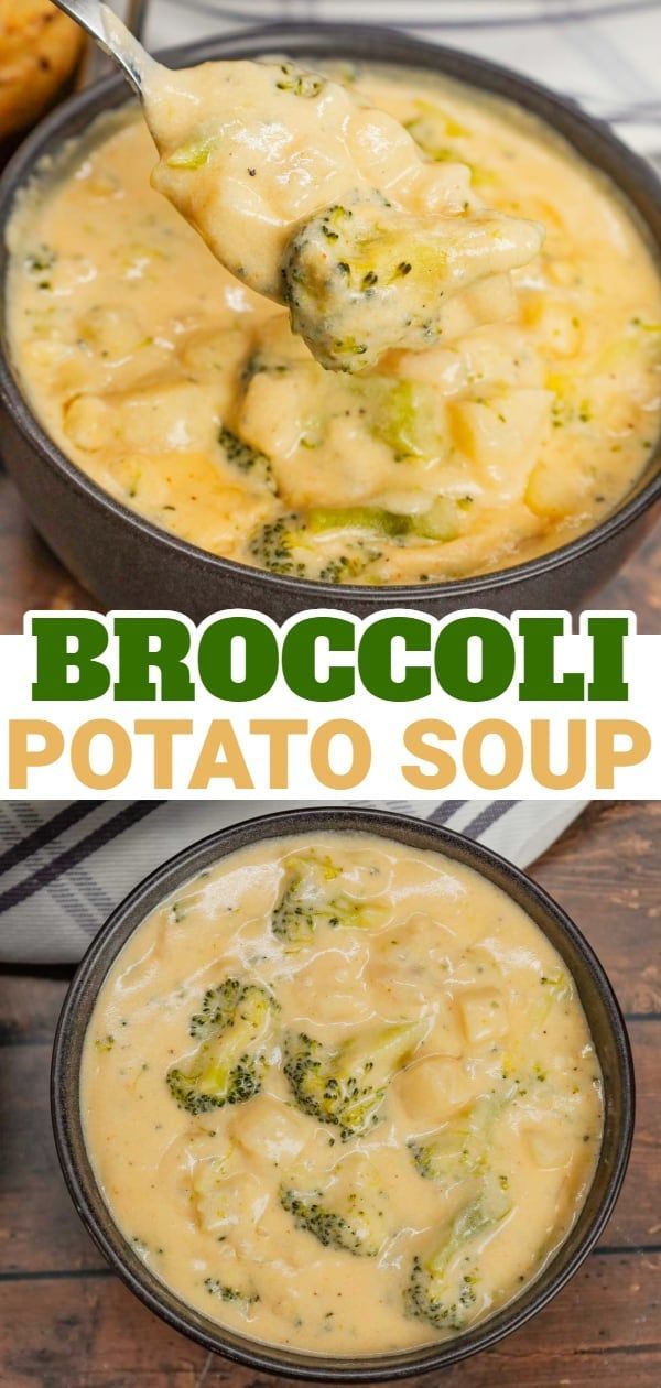 broccoli potato soup in a black bowl with a spoon and potatoes on the side