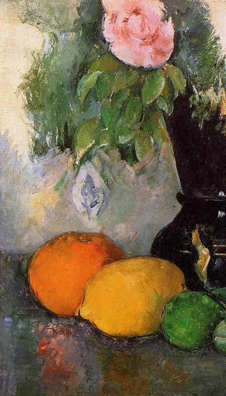 a painting of some fruit and a rose in a vase on a table with other items