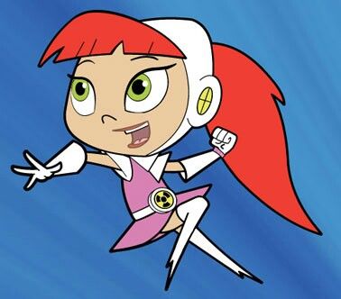 an animated girl with red hair and green eyes flying through the air in front of blue sky