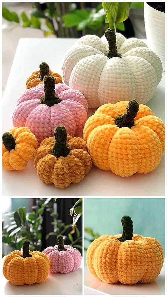 crocheted pumpkins in different colors and sizes