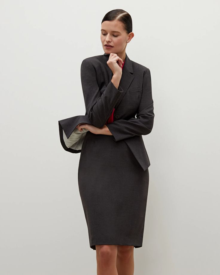 The Cobble Hill Skirt—Tropical Wool - Gray Melange | M.M.LaFleur Elegant Fitted Skirt For Semi-formal Occasions, Tailored Elegant Skirt For Office, Elegant Tailored Skirt For Office, Tailored Classic Career Skirt Suit, Fitted Skirt Suit With Notch Lapel For Semi-formal Occasions, Formal Pencil Skirt Suit For Fall, Elegant Structured Office Skirt, Classic Tailored Office Skirt, Sleek Spring Formal Pencil Skirt