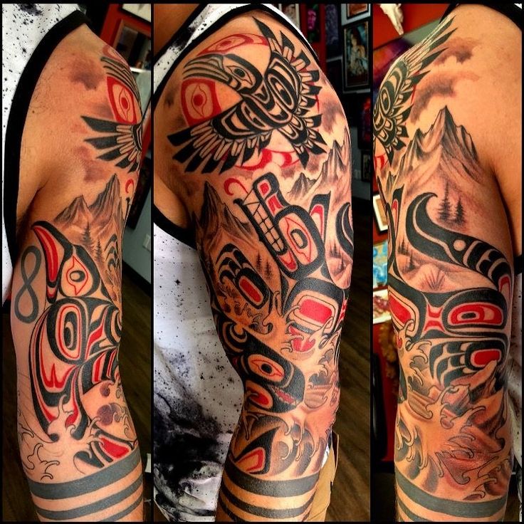 three different images of a man's arm with tattoos on it, including an eagle and