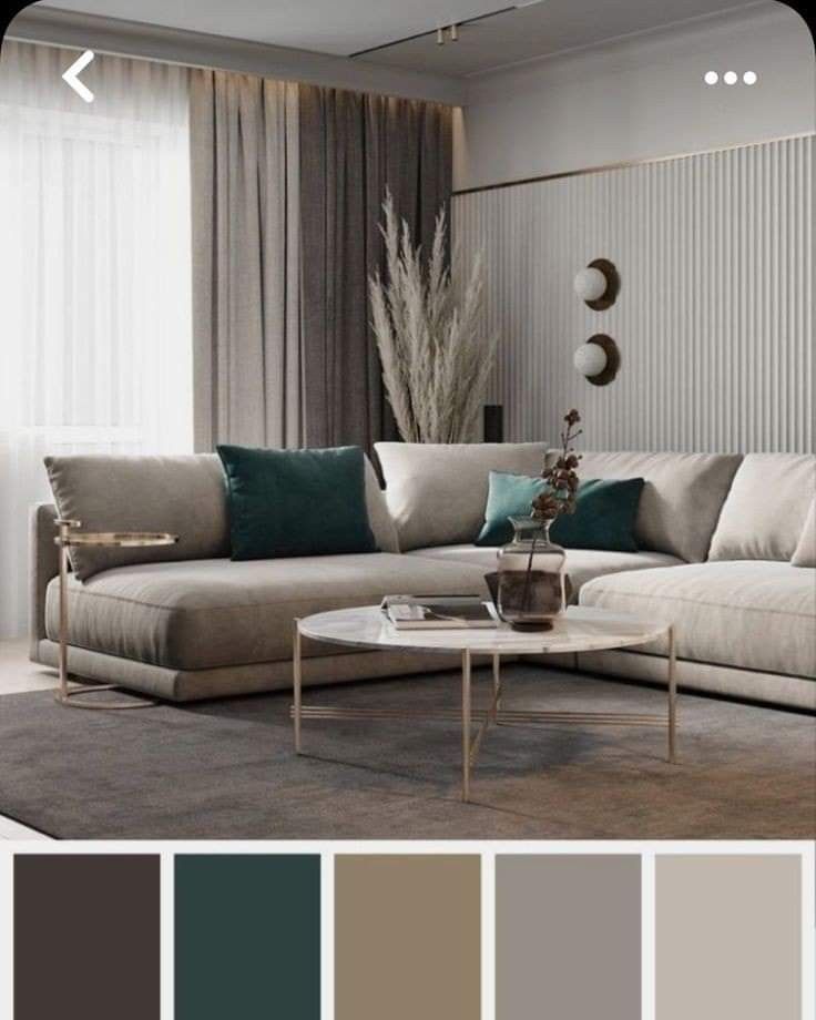 a living room filled with furniture and lots of color swatches in shades of grey, green