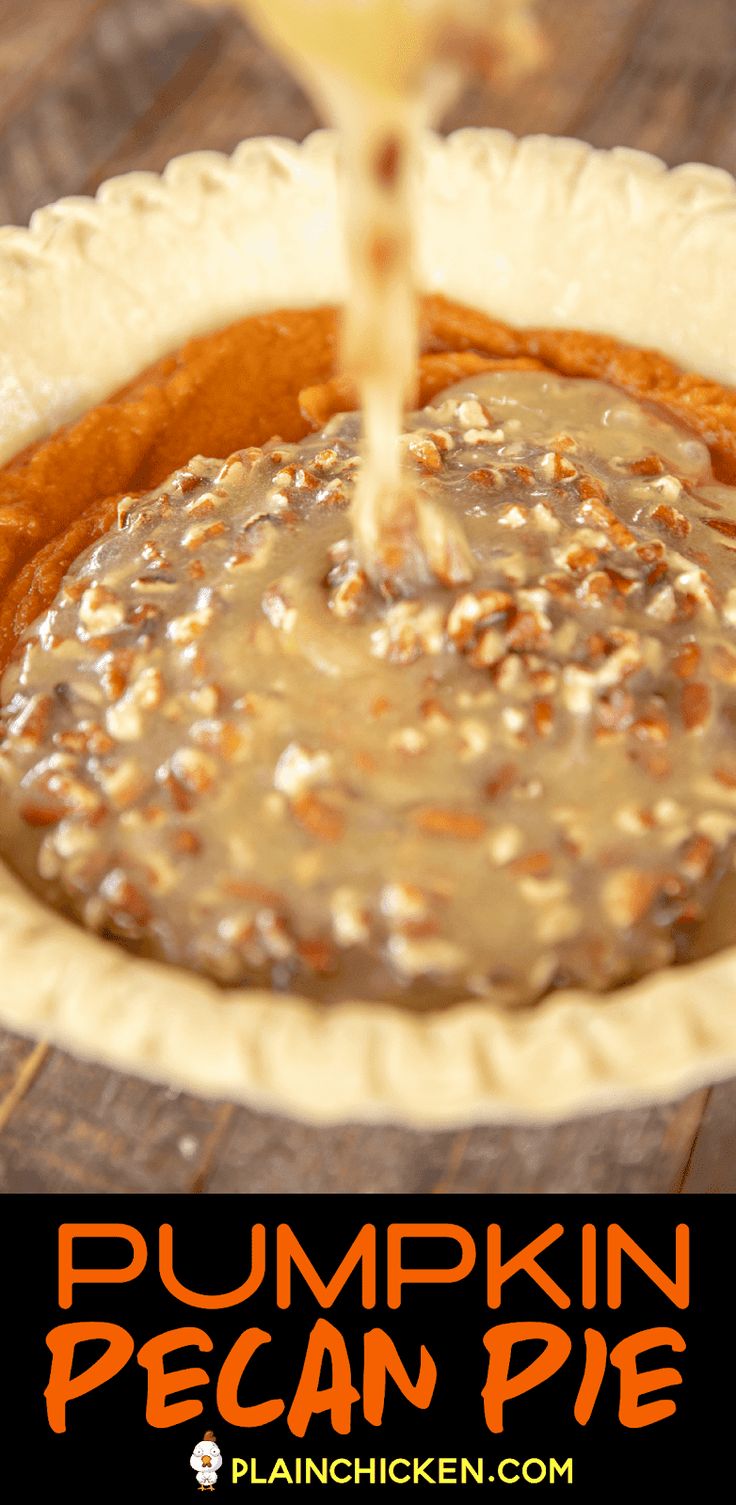 pumpkin pecan pie being drizzled with caramel and brown sugar on top