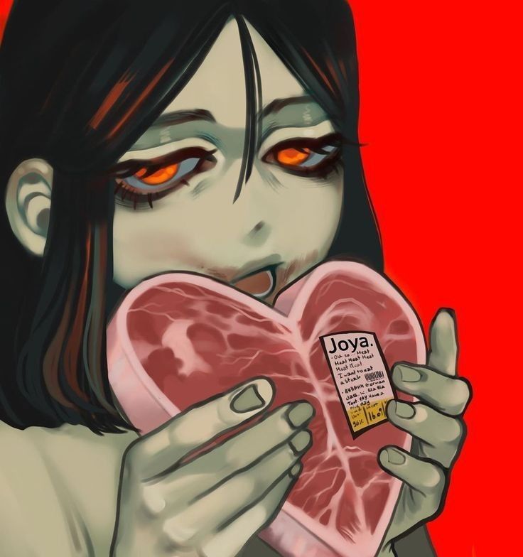 a woman holding a piece of meat in front of her face with the word love written on it