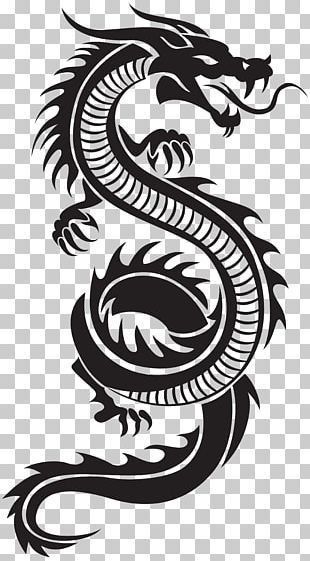 a black and white dragon tattoo design on a transparent background, with the tail curled up