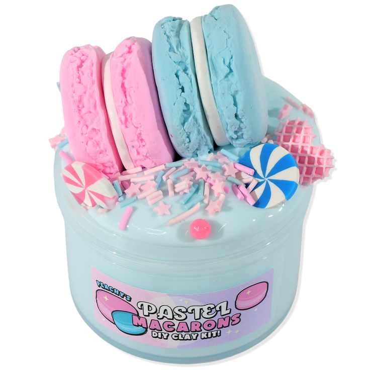 pastel ice creams in a plastic container with candies and lollipops