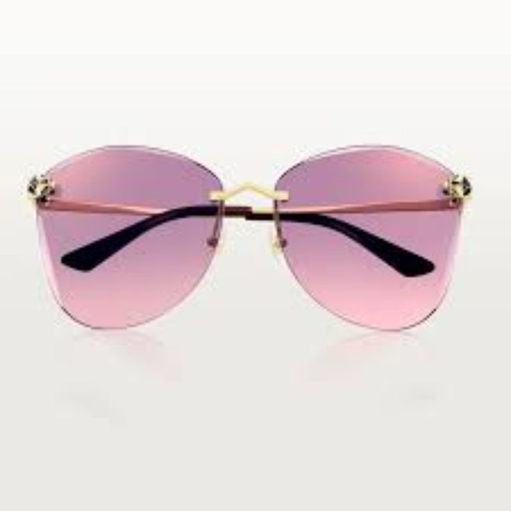 Panthre De Cartier Sunglasses, Non-Rimmed Metal, Smooth Golden Finish, Graduated Pink-Purple Lenses With Golden Flash. Dimensions: 62 Mm Lenses, 16 Mm Bridge, 140 Mm Temples. New, With Box, Certificate Of Authenticity. Purple Rimless Sunglasses With Gradient Lenses, Elegant Pink Sunglasses With Tinted Lenses, Pink Mirrored Sunglasses For Evening, Elegant Pink Tinted Sunglasses, Luxury Purple Sunglasses With Mirrored Lenses, Pink Sunglasses With Uv Protection, Purple Tinted Sunglasses For Evening, Pink Tinted Sunglasses For Evening, Elegant Purple Sunglasses For Summer