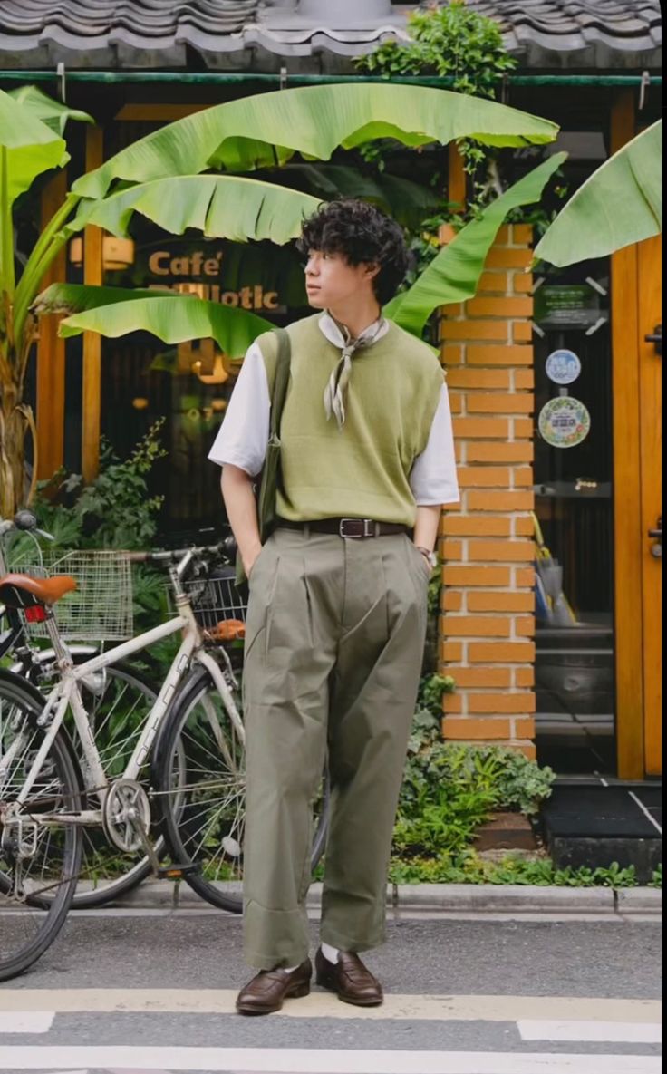 Different Mens Fashion Styles, Mens Kpop Outfits, Men Preppy Outfits Summer, Ghibli Inspired Outfits Men, Smart Masc Outfits, Men’s Artsy Fashion, Nerdy Man Outfit, Green Aesthetic Fashion Men, Folklore Aesthetic Men