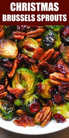 brussel sprouts with pecans and cranberries in a white bowl