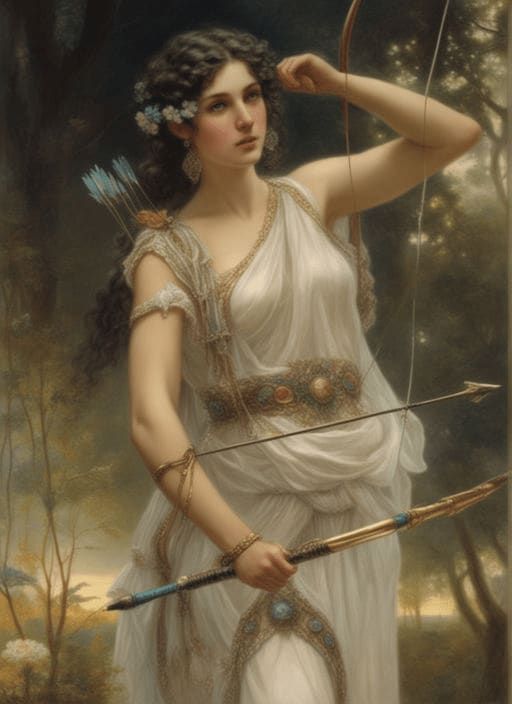 a painting of a woman holding an arrow and bow