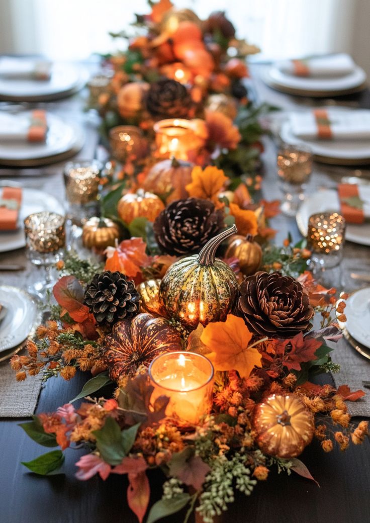 a long table is decorated with candles and pumpkins