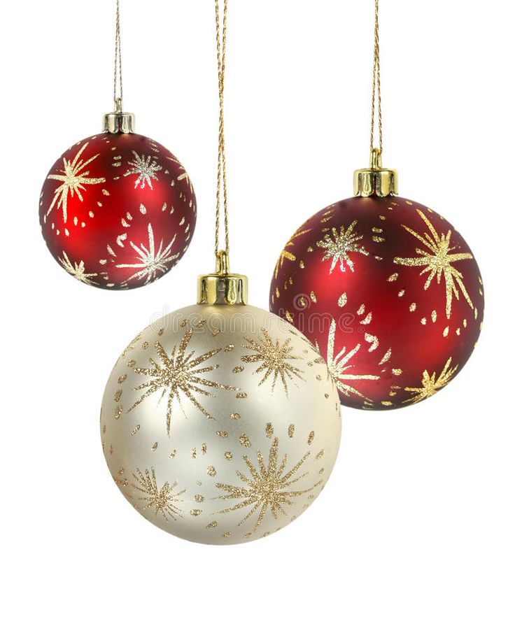 three red and white christmas ornaments hanging from chains on a white background with clippings