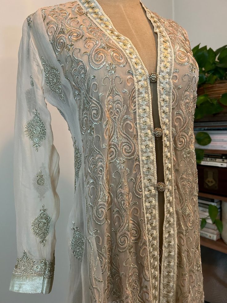 Metallic Embroidered Sheer Wedding Dress - Etsy Fitted Wedding Gown With Intricate Embroidery, Embroidered Embellished Organza Dress For Wedding, Elegant Lace Embroidered Wedding Dress, Long Sleeve Wedding Gown With Pearl Embroidery, Lace Embroidered Dress For Wedding, Elegant Fitted Dress With Resham Embroidery, Long Sleeve Dresses With Intricate Embroidery For Wedding, White Fitted Embroidered Dress For Wedding, Long Sleeve Dresses With Pearl Embroidery For Weddings