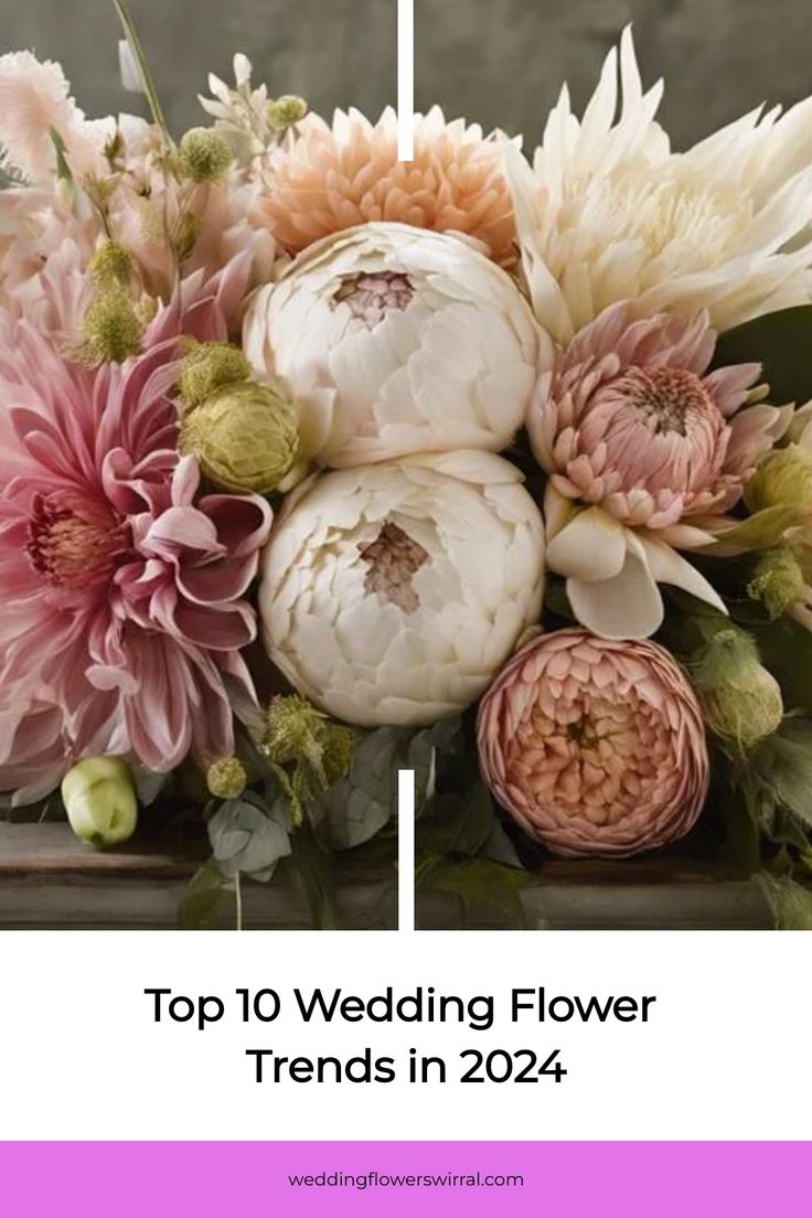 flowers with the words top 10 wedding flower trend in 2020 on it, and an image of