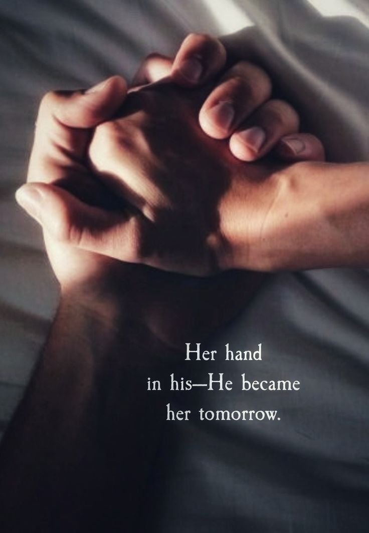 two hands holding each other in front of a white sheet with the words her hand in his - he become her tomorrow