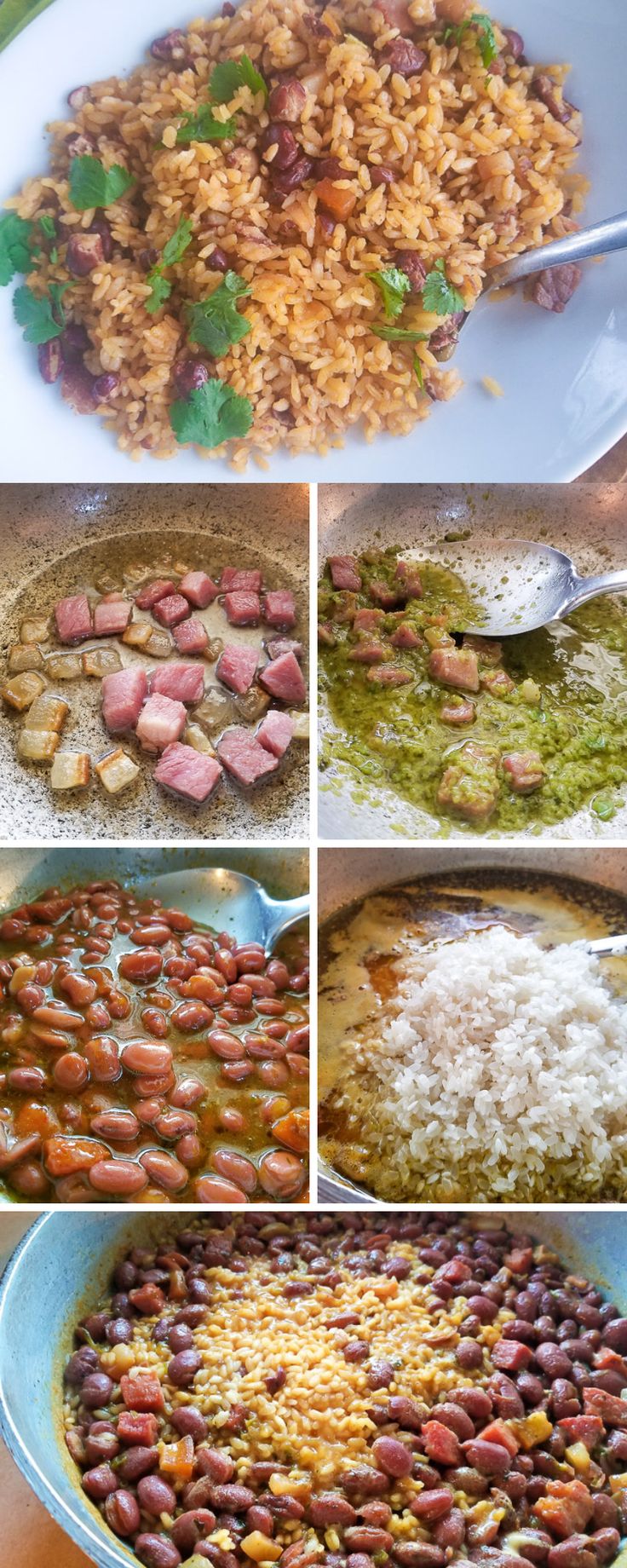 the steps to make beans and rice in a skillet