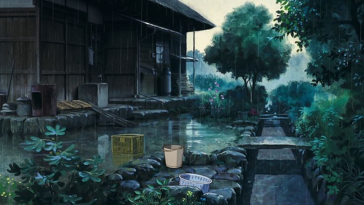 #rain #trees #bucket #anime #house #outdoors #1080P #wallpaper #hdwallpaper #desktop Sf Wallpaper, 1366x768 Wallpaper Hd, Studio Ghibli Background, Rain Wallpapers, Arte 8 Bits, Japan Aesthetic, Ghibli Art, My Neighbor Totoro, Animation Background