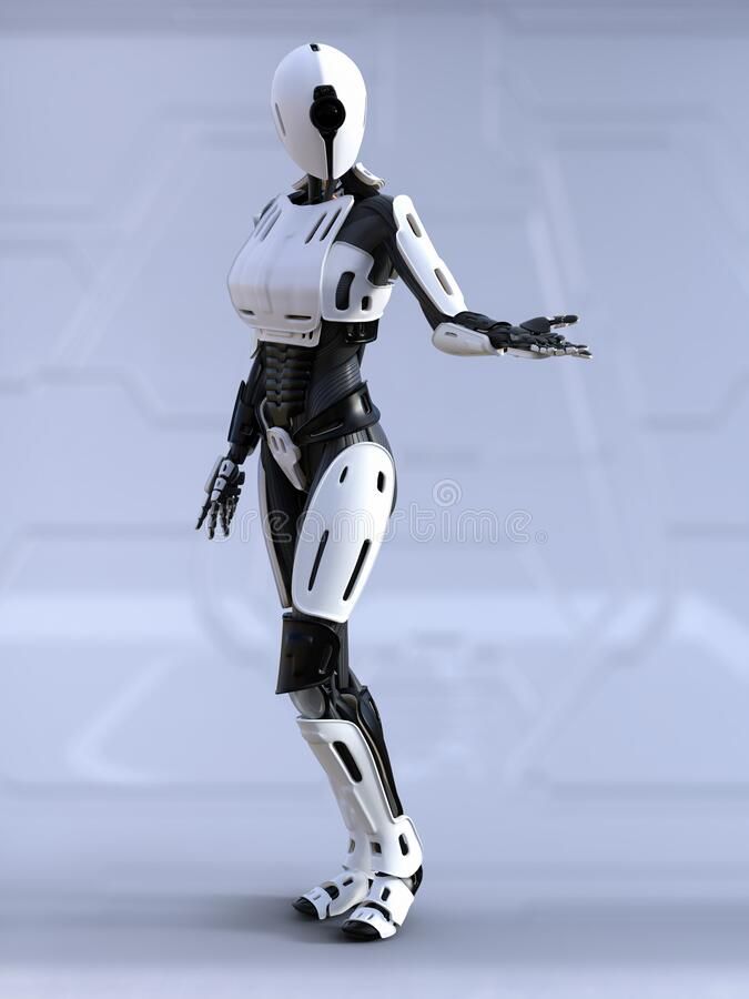 a futuristic woman in white and black is standing with her arms outstretched