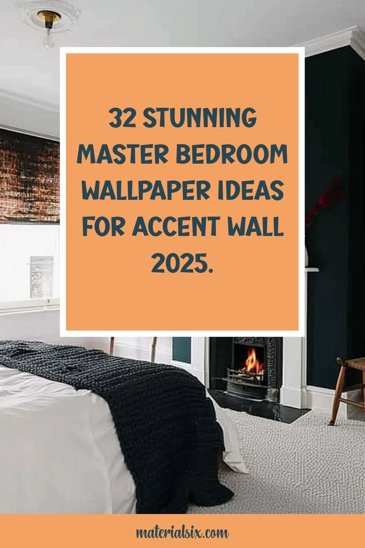 Text overlay on a cozy bedroom with dark accent wall and fireplace, promoting 32 master bedroom wallpaper ideas for 2025. Faux Brick Accent Wall, Bedroom Accent Wall Ideas, Bedroom Wallpaper Ideas, Bedroom Accent Wall, Brick Accent Wall, White Wall Bedroom, Diy Pallet Wall, Next Bedroom, Wood Wall Design