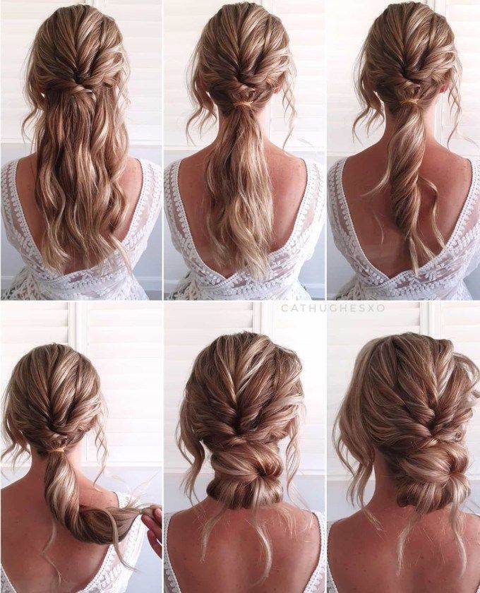 30 Easy Hairstyles for Long Hair with Simple Instructions - Hair Adviser Twisty Hairstyles, Wavy Updo, Easy Work Hairstyles, Diy Updo, Bridal Hairstylist, Simple Prom Hair, Hairstyle Tutorials, Wedding Guest Hairstyles, Updo Hairstyle