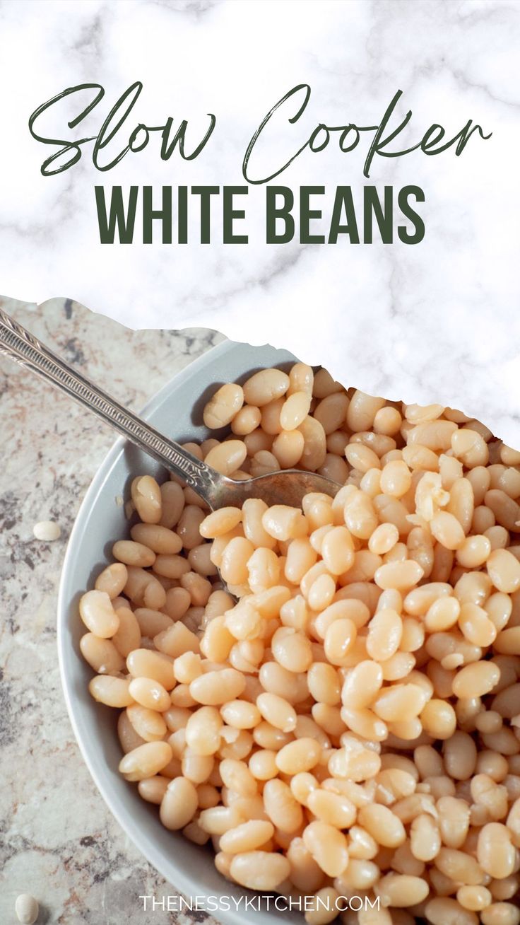 slow cooker white beans in a bowl with text overlay