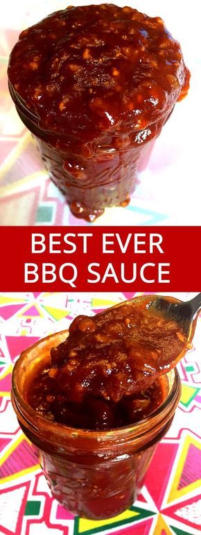 the best ever bbq sauce in a glass jar with a spoon on top and below