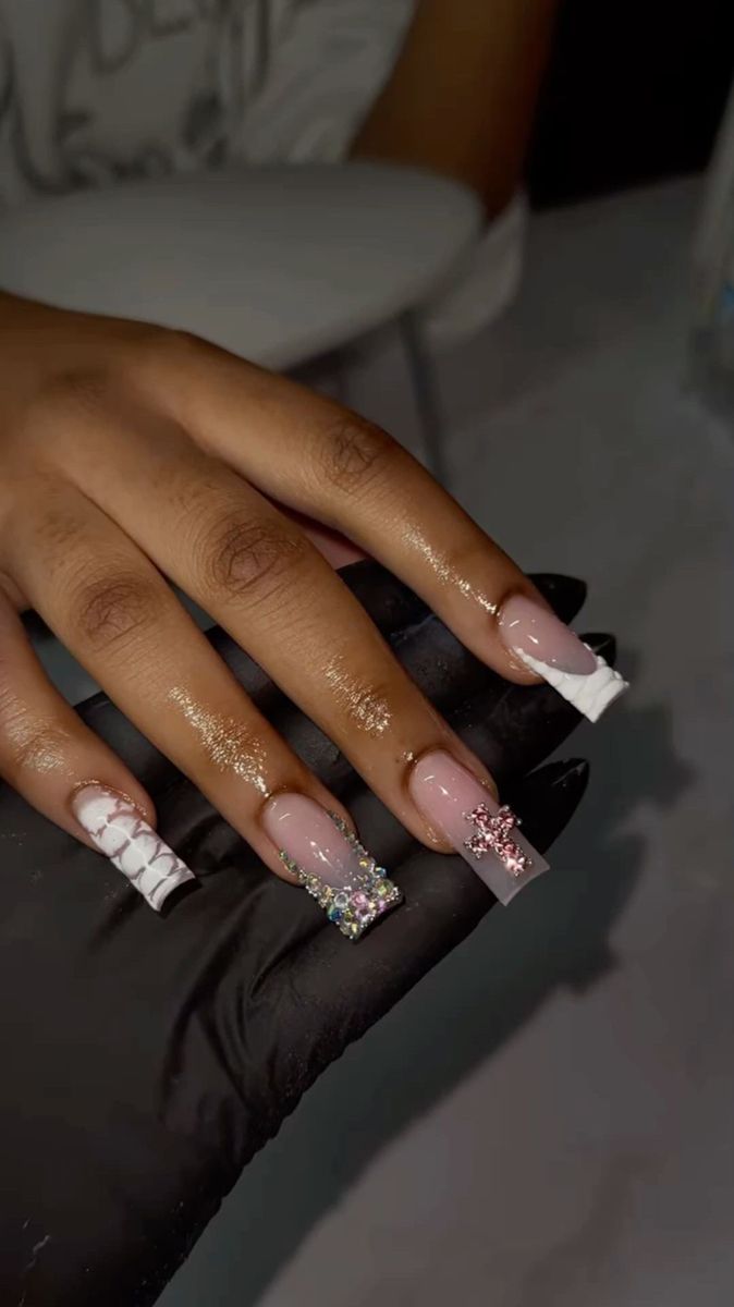 Medium Length Baddie Nails, Baddie Birthday Nails Medium Length, Acrylic Nail Designs Black Women, Chrome Hearts Nails, Hard Nails, Drip Nails, Colored Acrylic Nails, Colored Acrylic, Girly Acrylic Nails