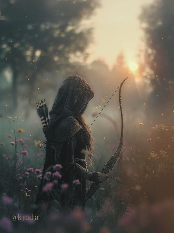 a person with a bow and arrow standing in the middle of a field at sunset