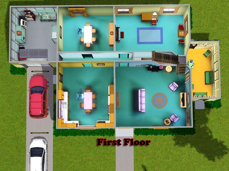 an aerial view of a house with two cars parked in the driveway and first floor plan