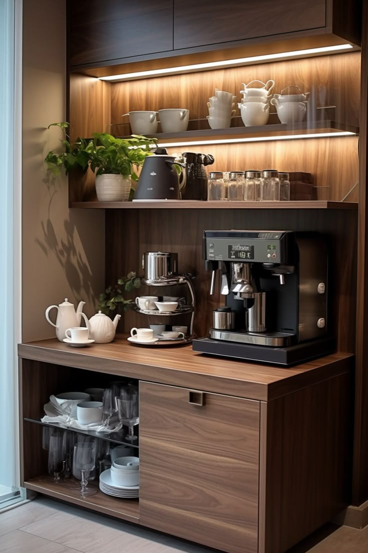 a coffee maker and some cups on a wooden shelf next to a wall mounted cabinet