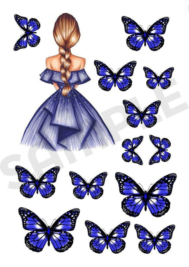 a girl in a blue dress surrounded by butterflies