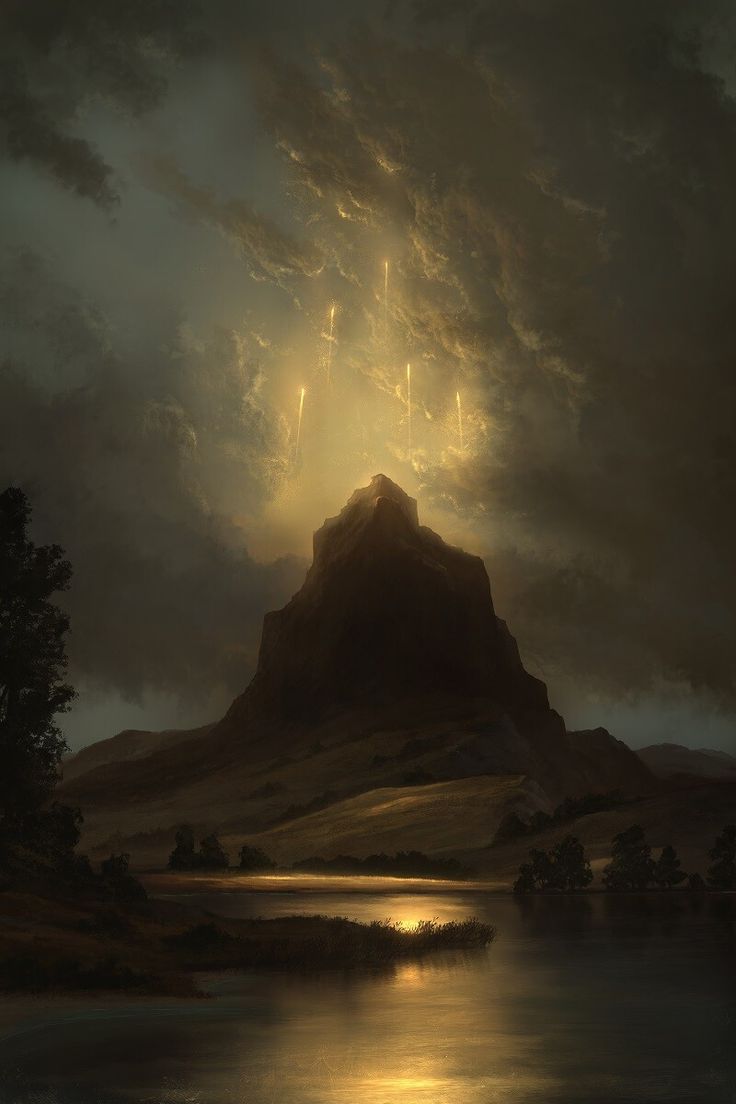 a painting of a mountain with fireworks in the sky above it and water on the ground