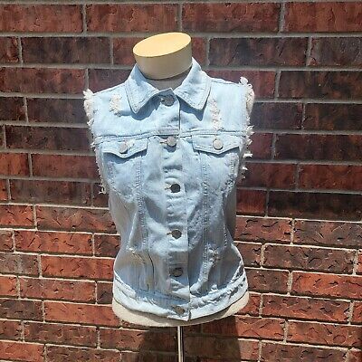 Women's BDG Urban Outfitters Light Blue Distressed Denim Vest Size Small. Ripped Cotton Denim Jacket For Summer, Summer Ripped Cotton Denim Jacket, Summer Distressed Washed Blue Denim Jacket, Light Wash Denim Vest With Frayed Hem, Blue Distressed Denim Jacket For Summer, Trendy Distressed Cotton Denim Vest, Light Wash Cotton Denim Vest With Frayed Hem, Medium Wash Distressed Denim Vest For Summer, Summer Blue Distressed Denim Jacket