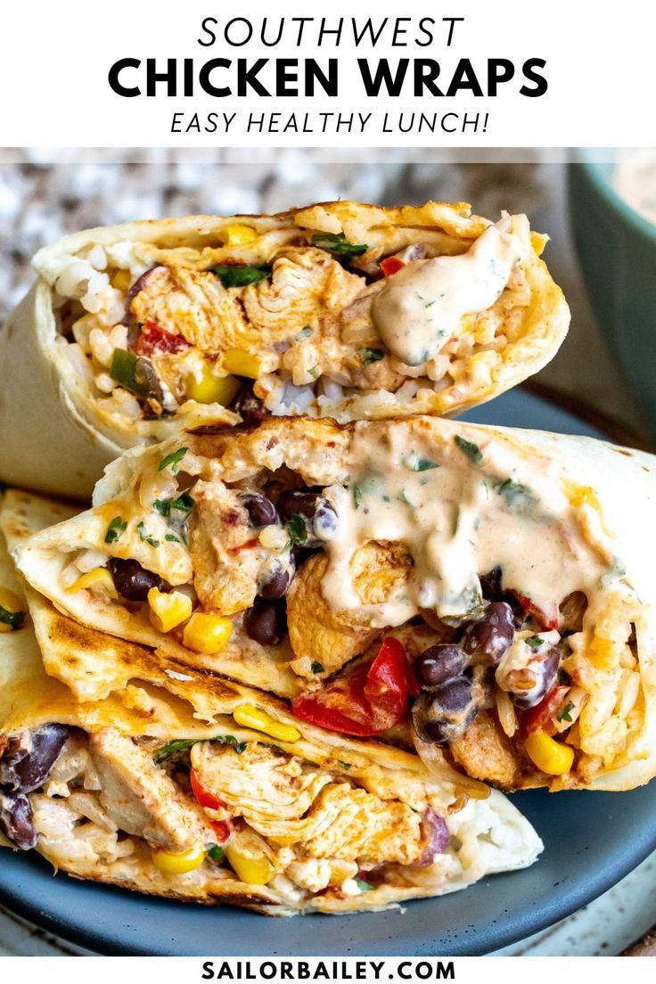 Chipotle style southwest chicken wraps are protein packed, flavorful and loaded with veggies. Ready in about 30 minutes and perfect healthy lunch idea or dinner recipe. Healthy Southwest Chicken Wraps, Ground Chicken Wrap Recipes, Southwest Chicken Wraps Recipes, Southwest Wraps Recipes, Office Lunches Ideas, Santa Fe Chicken Wrap, Chipotle Chicken Wrap Recipes, Nutritional Dinner Recipes, Protein Lunches For Teens