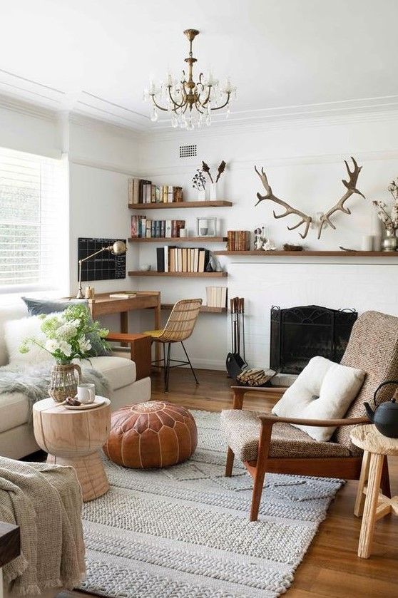 a living room filled with furniture and a fire place