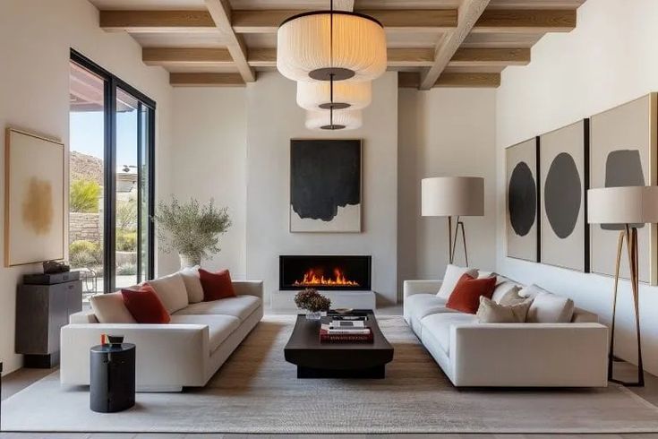 a living room filled with furniture and a fire place in the middle of the room