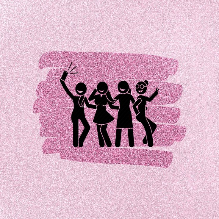 the silhouettes of three women are standing in front of a pink background with glitter