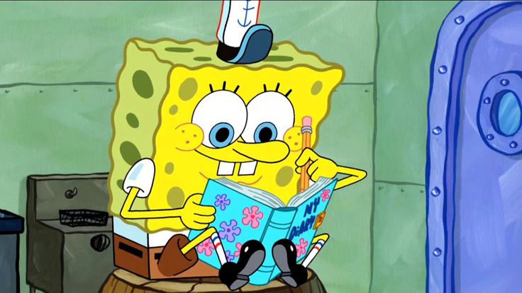 spongebob reading a book while sitting on a barrel