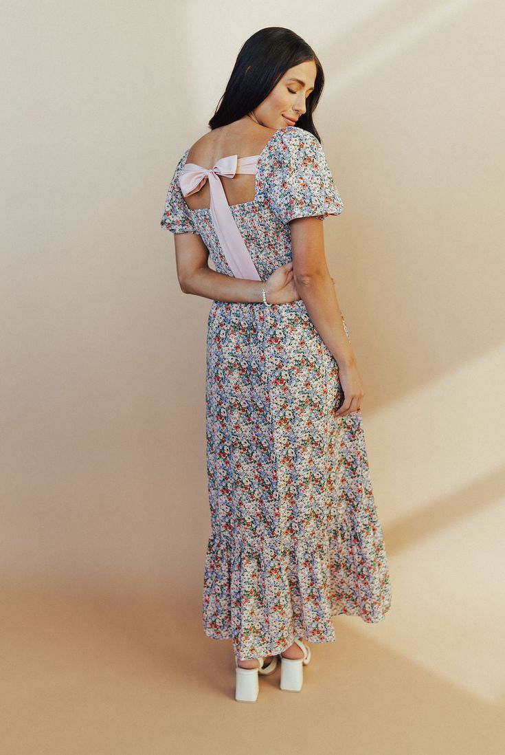 Fall Church Outfit Dress, Modest White Floral Print Dress, Cotton A-line Maxi Dress With Floral Print, Church Outfit Dress, Flowy Half-sleeve Floral Print Maxi Dress, Conformation Dresses, Mass Outfit, Casual Maxi-length Smocked Dress With Gathered Waist, Non-stretch Floral Print Maxi Dress