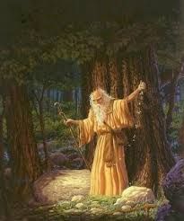 a painting of an old man standing in the woods with his hands up and holding a staff