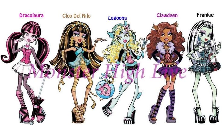 four cartoon girls with long hair and different outfits, all wearing high heeled shoes